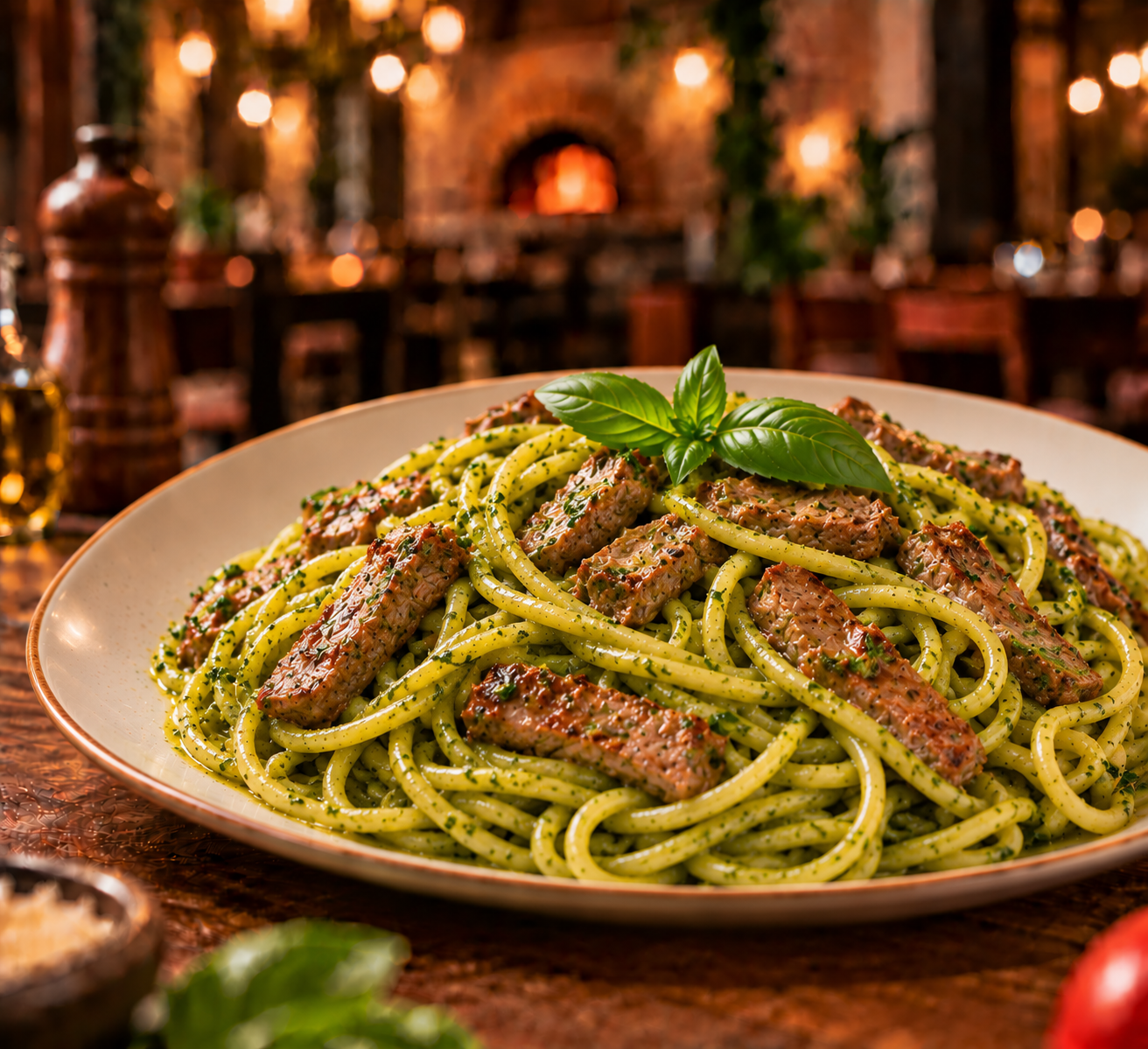 Espaguetis al Pesto + Lomo Fino